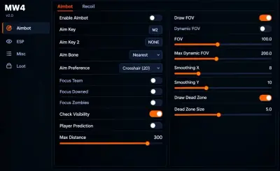 Modern Warfare 4 aimbot menu with Enable Aimbot off, Aim Key set to M2, Aim Bone set to Nearest, Check Visibility on, smoothing sliders, FOV at 100, and Max Distance at 300.